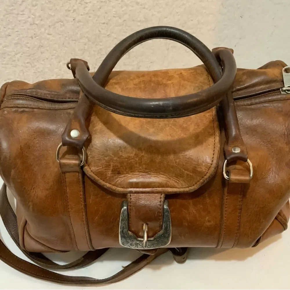 Vintage Navasota leather  satchel Bag brown strap front buckle
